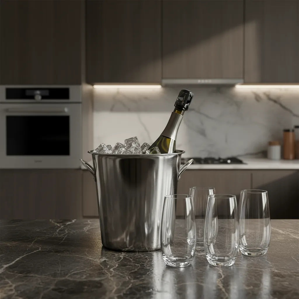 Rosehill Wine Cellars Modern Sparkling Essentials Bundle – RIEDEL O Champagne Tumblers + Stainless Steel Bucket + Gard’Bulles Stopper