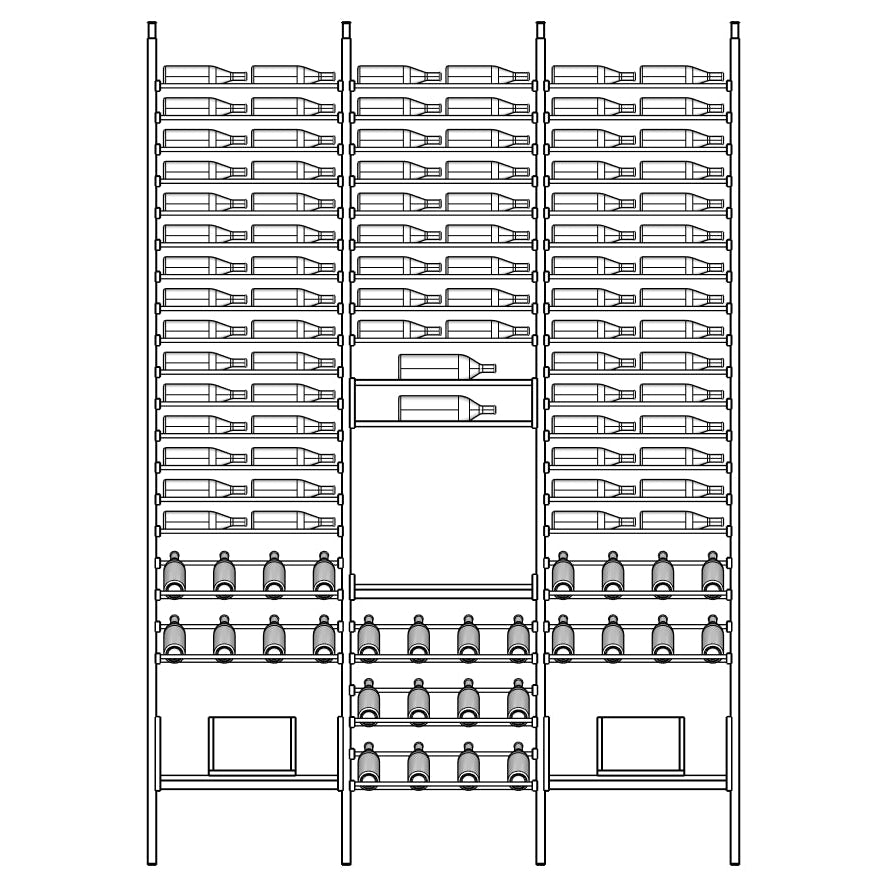 Line diagram of a tall metal Orelis wine rack shelving unit with bottles on shelves.