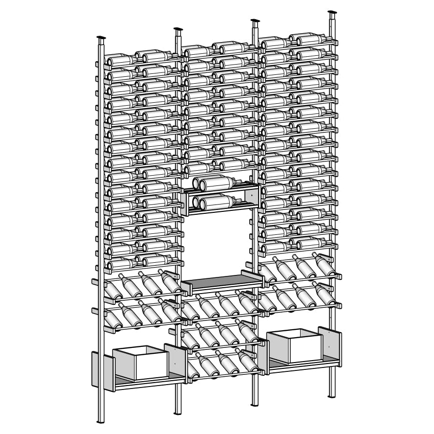 Line diagram of Orelis gray wine rack with multiple shelves holding bottles.