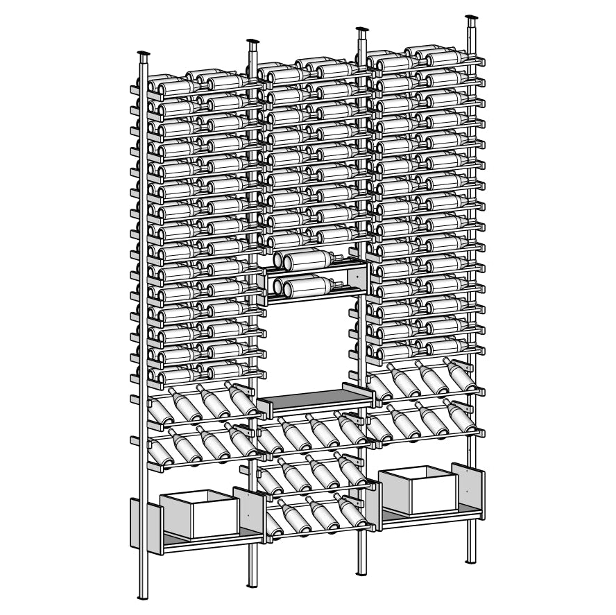 Line diagram of Orelis gray wine rack with multiple shelves and bottles.