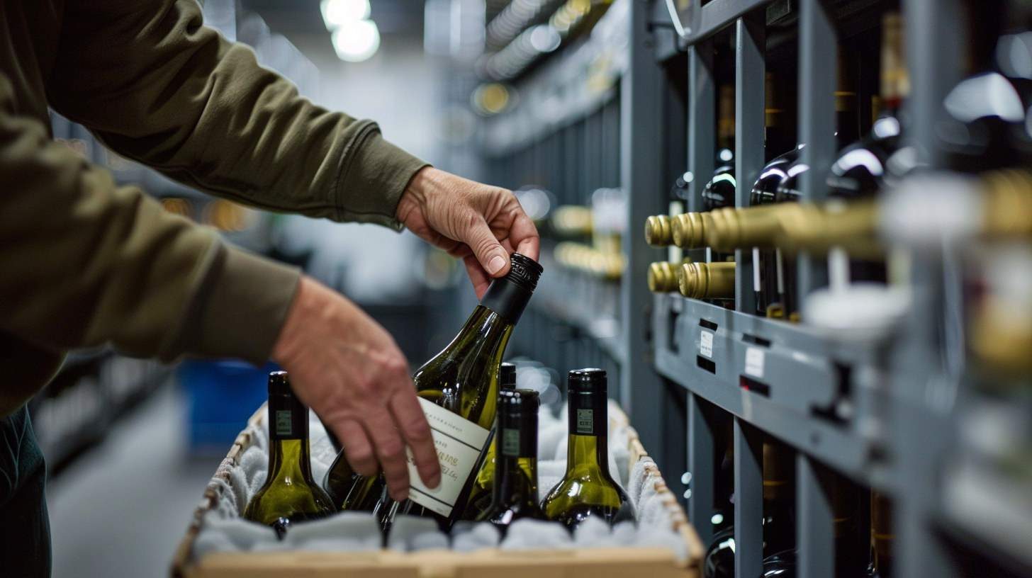Person selecting wine bottles in a storage room.