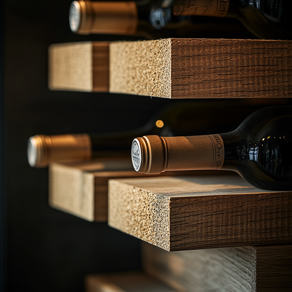 Wine bottles on a wooden wine rack