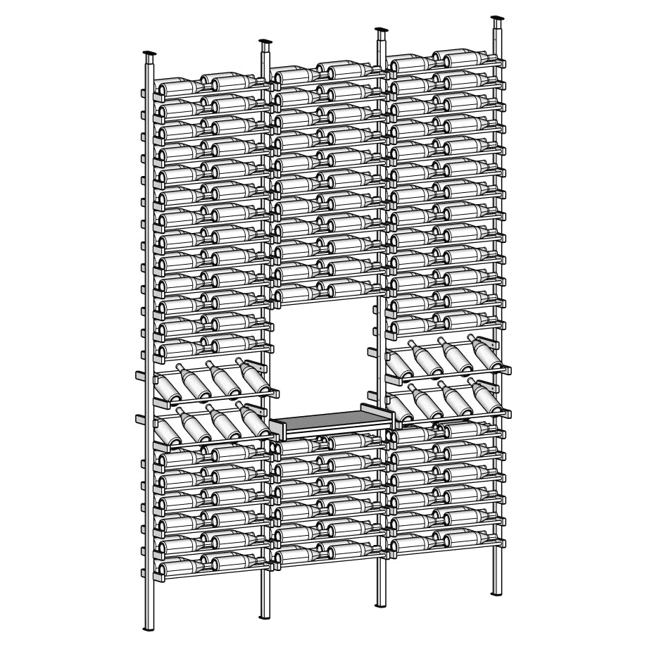 Diagram of Rovelle gray wine rack with multiple bottles and boxes.