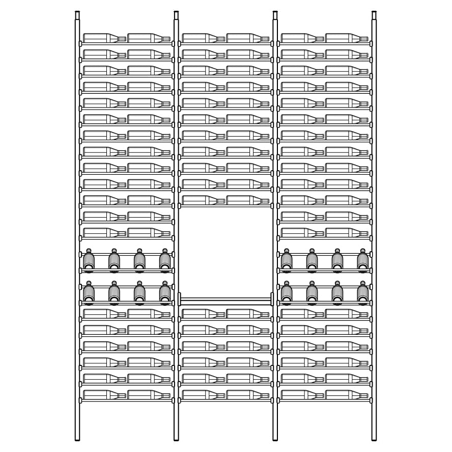 Diagram of Rovelle metal shelf with bottles arranged on it