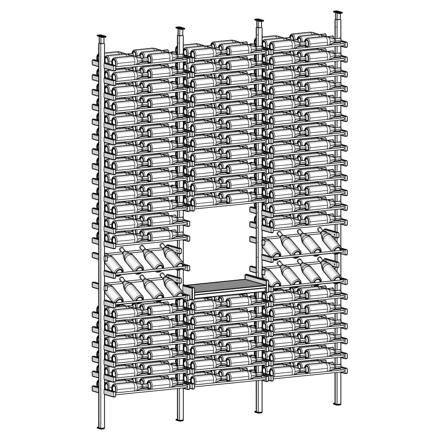 Line Diagram of Rovelle gray wine rack with multiple bottles arranged vertically.