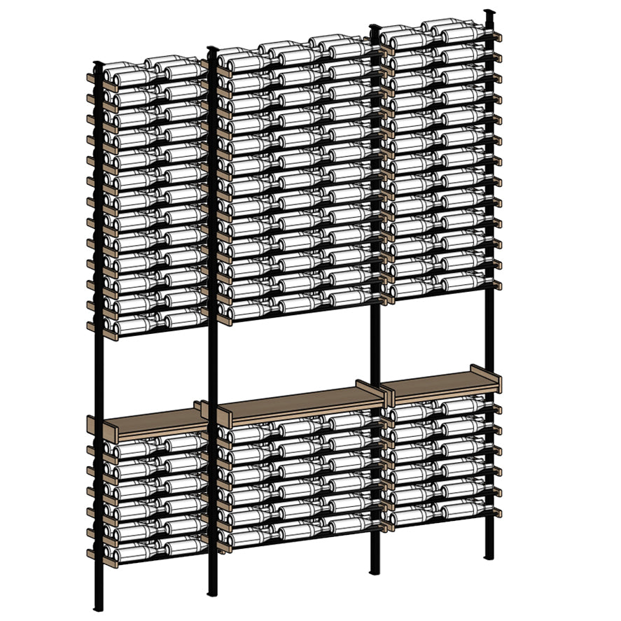 Metal shelving unit with multiple shelves holding clear containers on a white background
