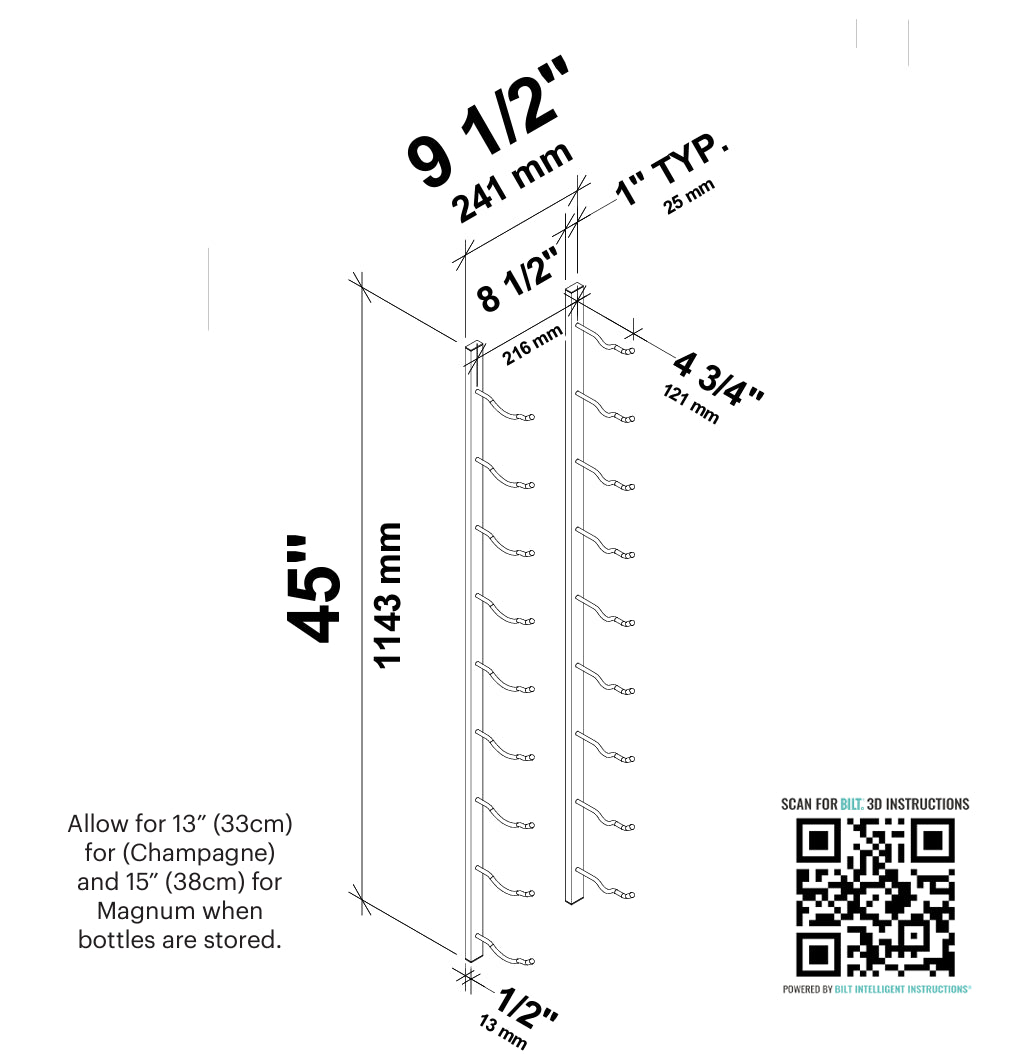 VintageView W Series Mag Rack 9 Bottles Tall (wall mounted bottle storage for magnums and champagnes)