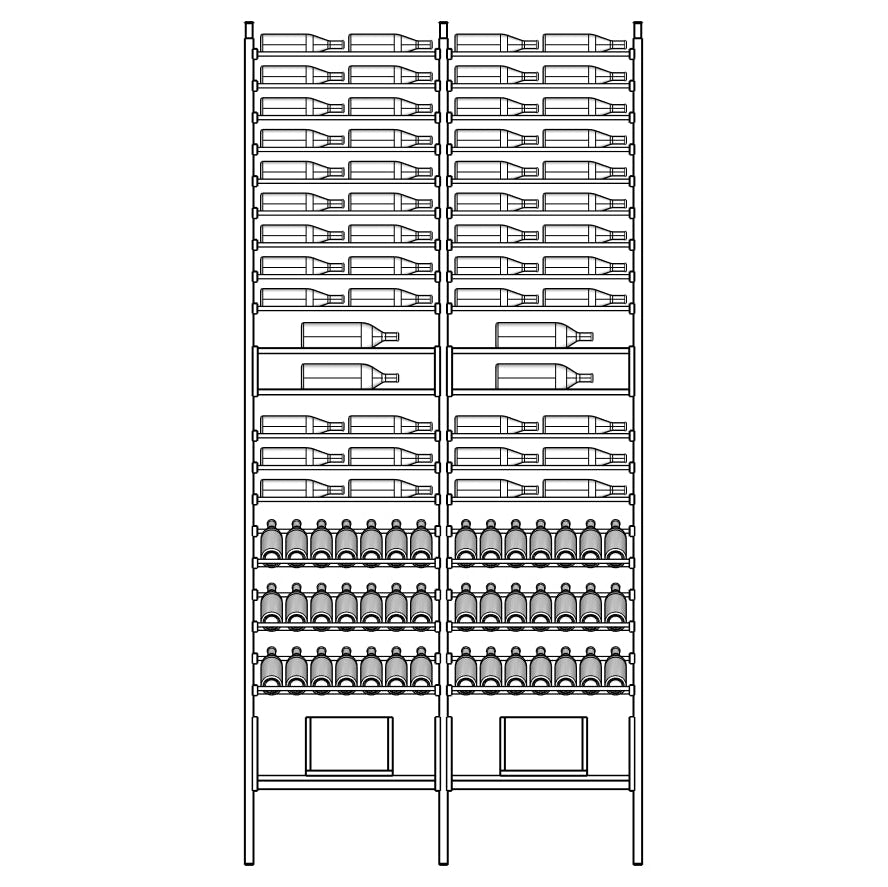 Line diagram of a tall Truvia wooden bottle rack with shelves holding bottles.