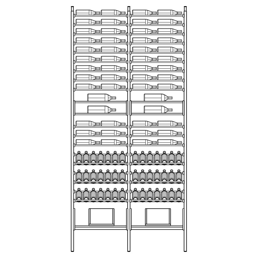 Line diagram of a tall Truvia wooden wine bottle rack with shelves holding bottles.
