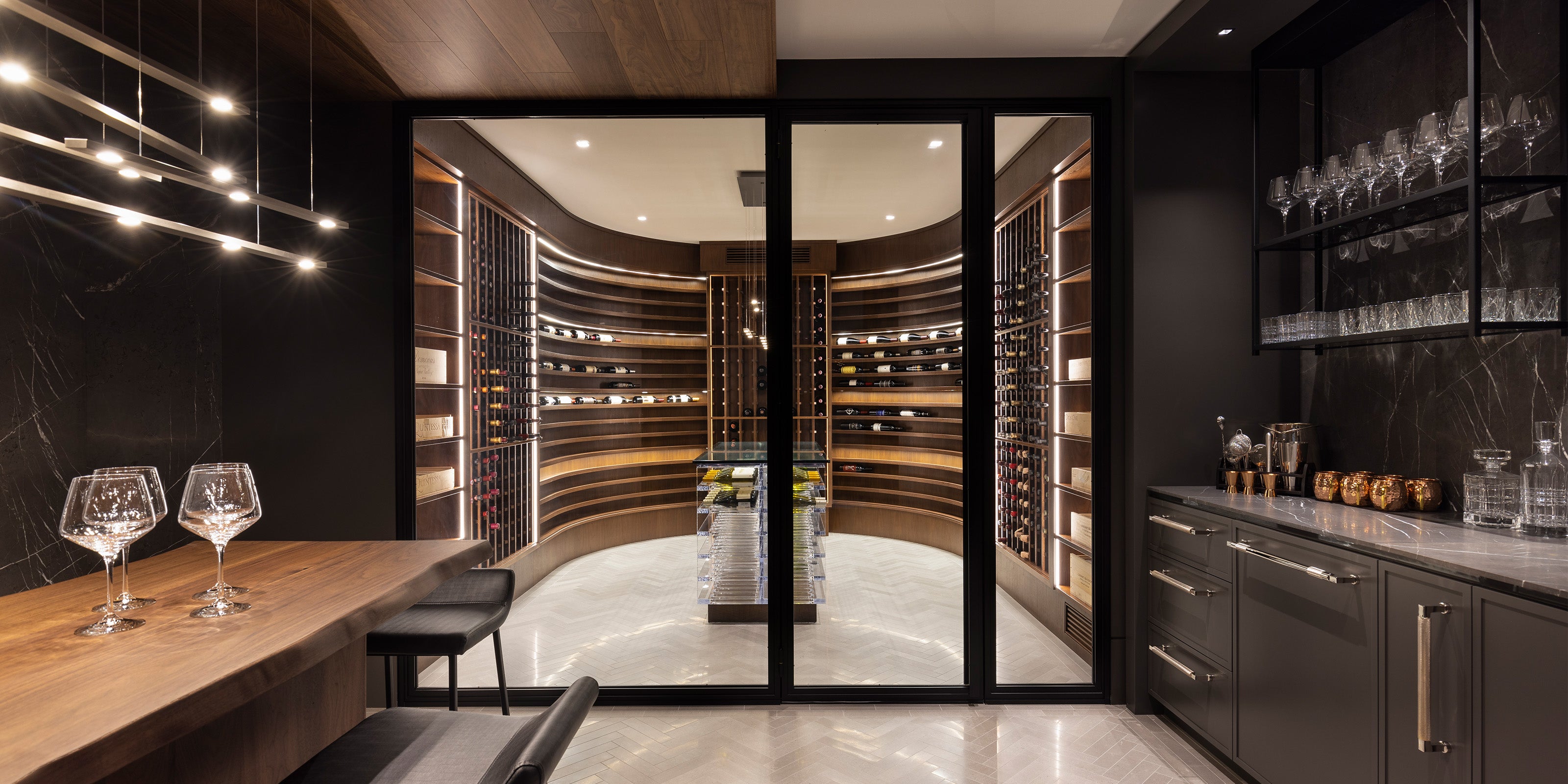 Wine cellar with wooden wine rack and bottles