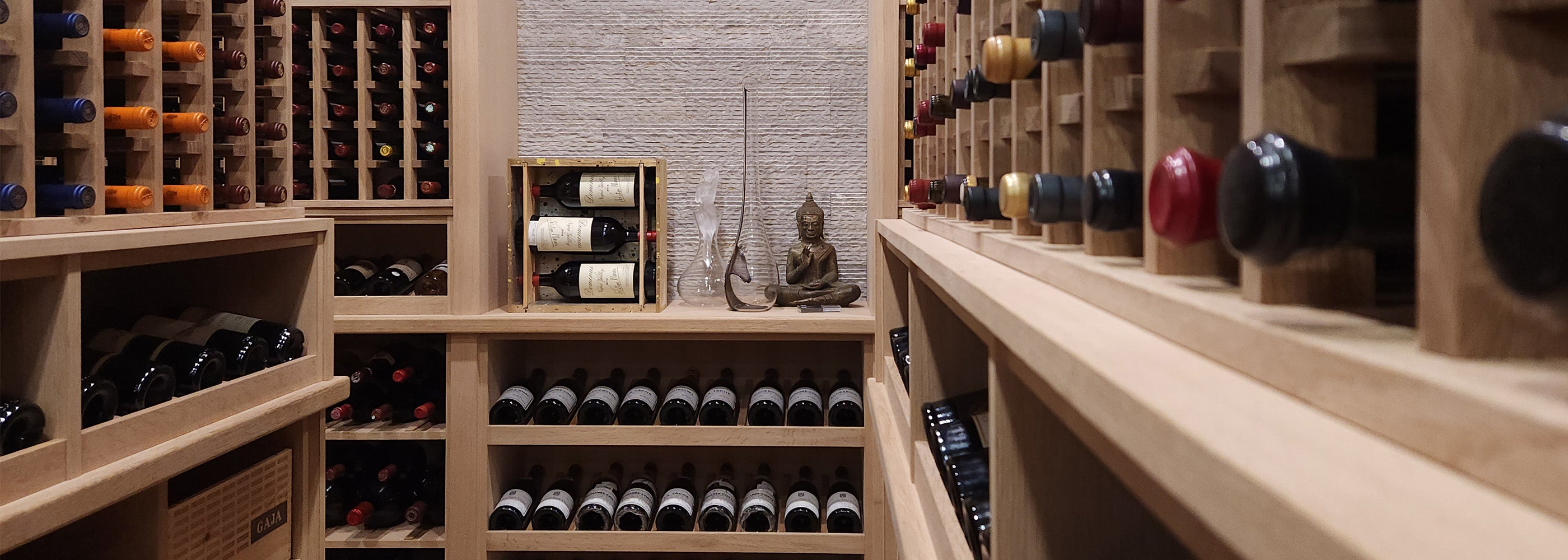 Wooden wine cellar multiples wine bottles