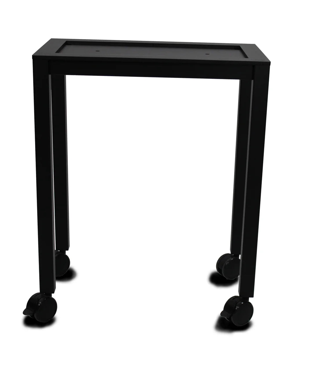Black metal table with wheels on a white background