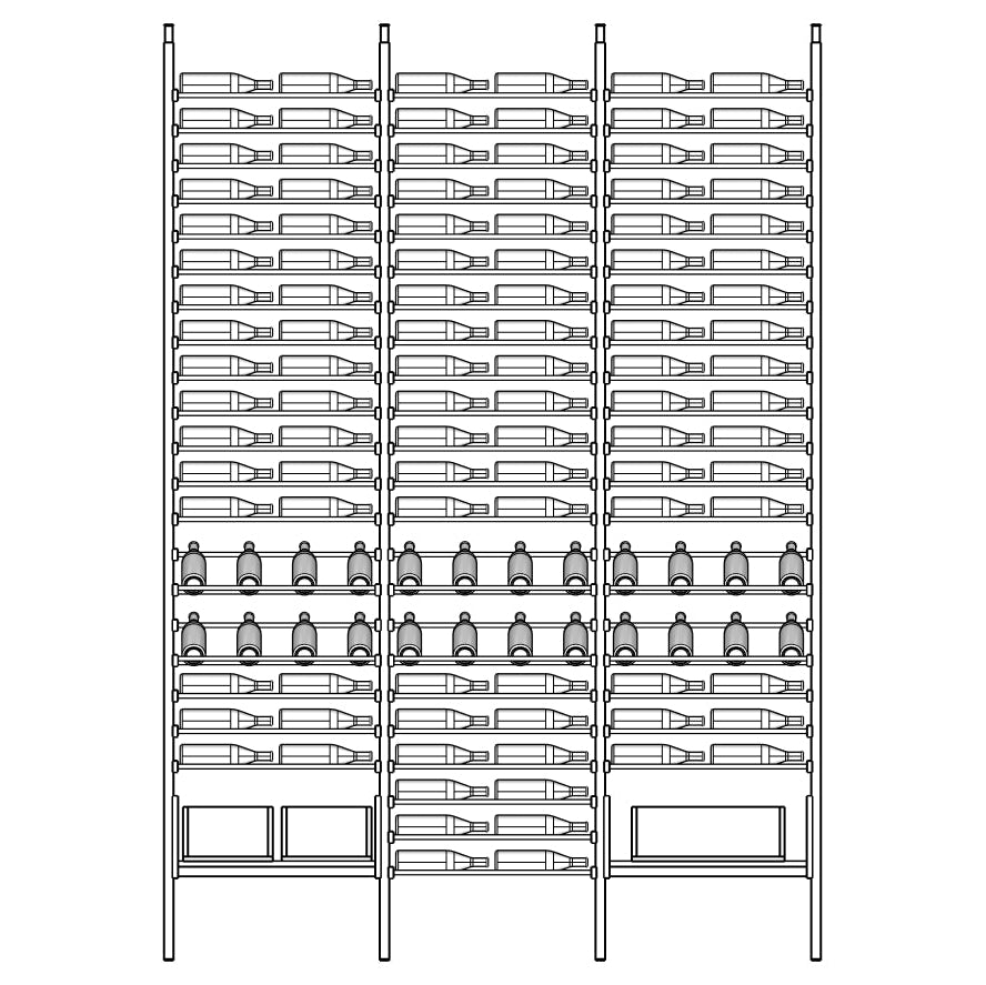 Line diagram of Velora wine rack with multiple shelves holding bottles.