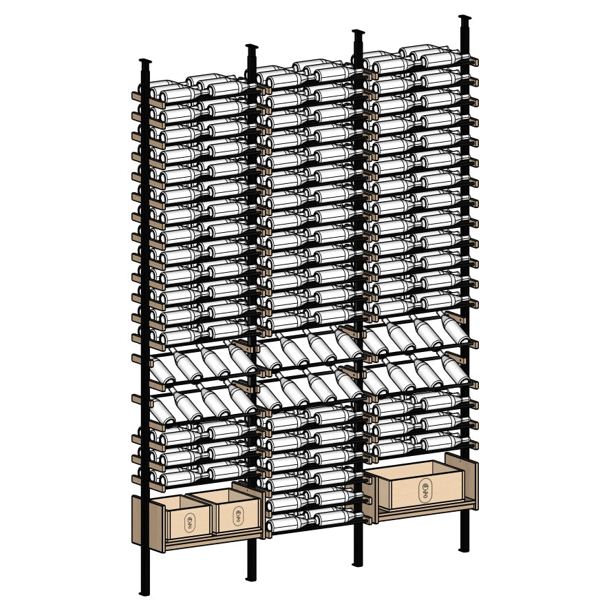Velora Wine Rack with multiple bottles and boxes.