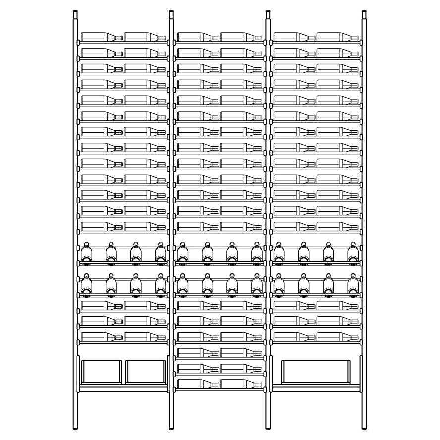 Diagram of Velora wine rack with multiple shelves holding bottles.