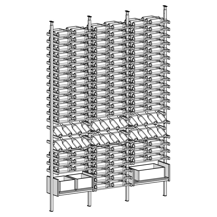 Diagram of Velora Gray wine rack with multiple shelves holding bottles.