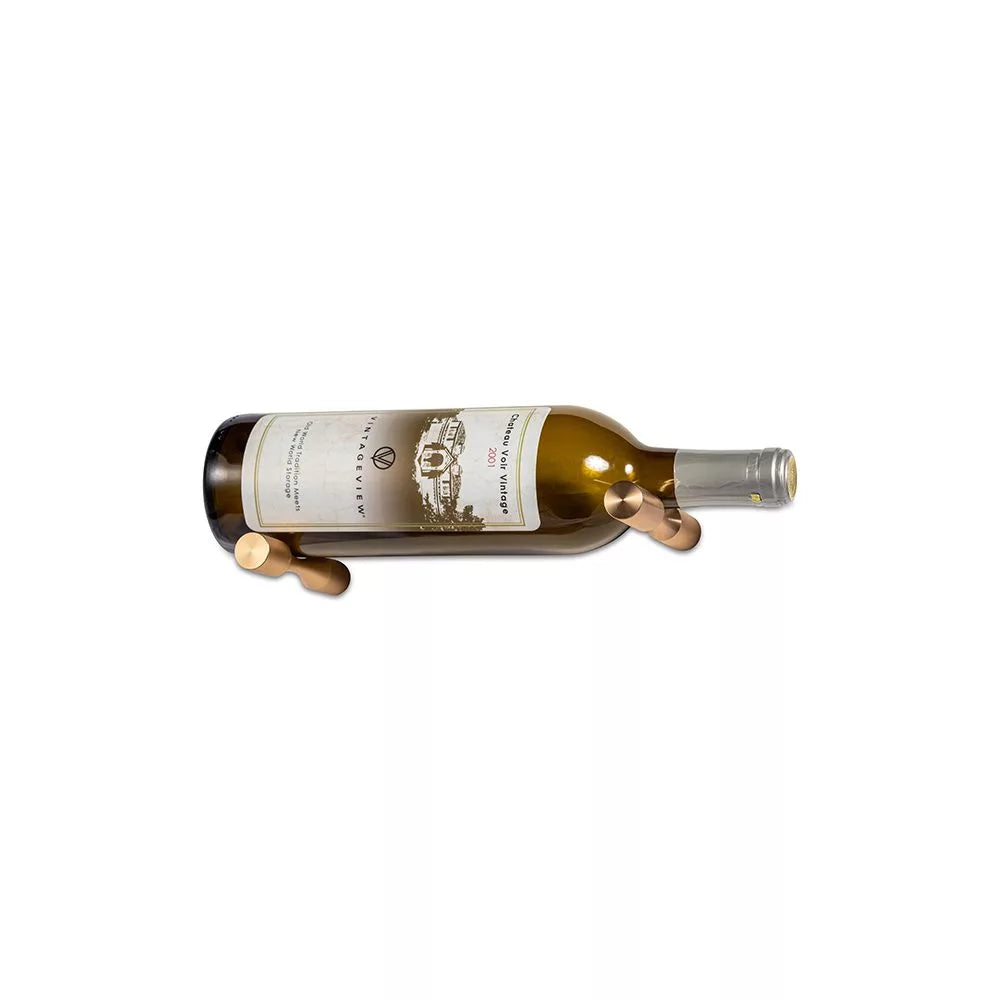 Wine bottle on a metal stand with a white background