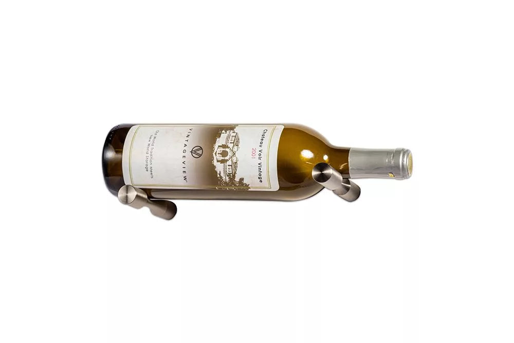 Wine bottle on a metal stand with a white background