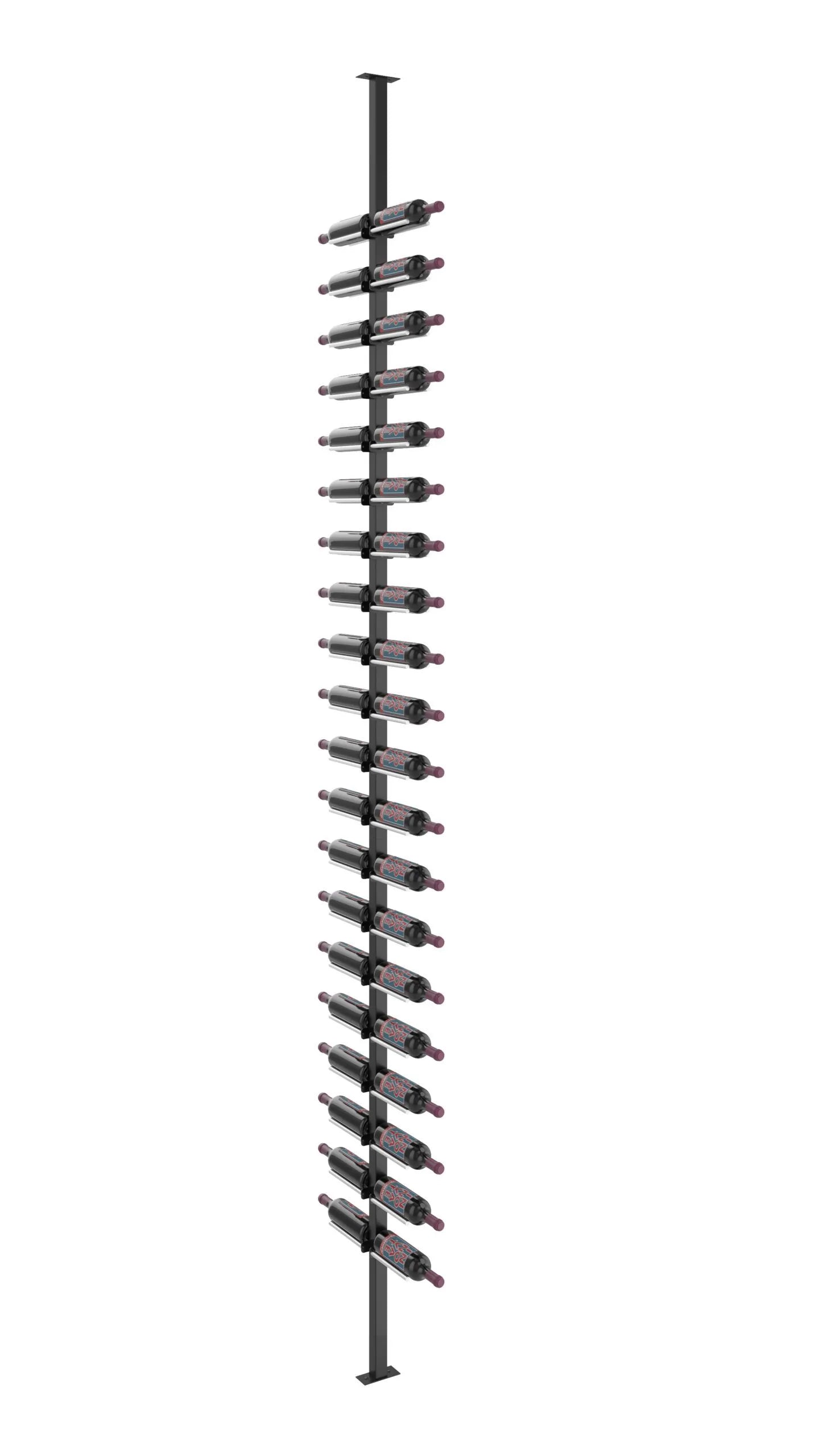 Metal wine rack with multiple bottles on a white background