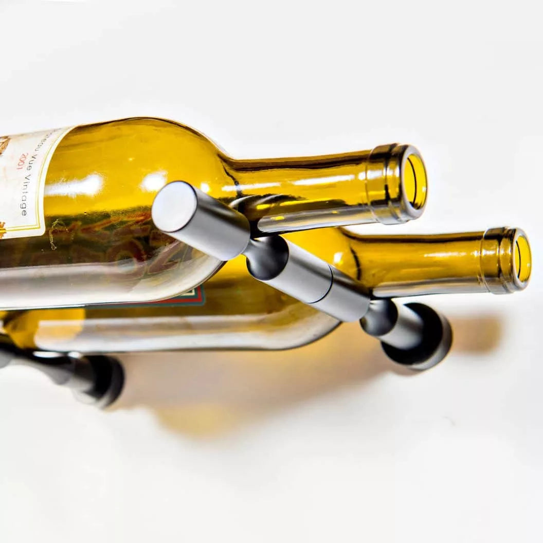 Wine bottle holder with two wine bottles.