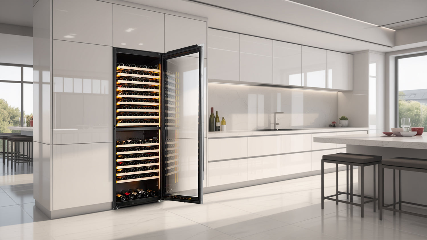 Tall Vantaggio wine cooler in a modern kitchen with white cabinets and a view of the outdoors.