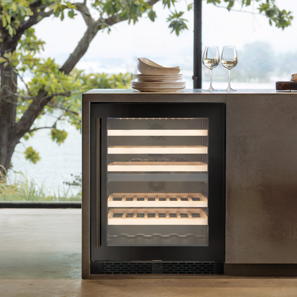 Wine cooler on a kitchen counter with outdoor view