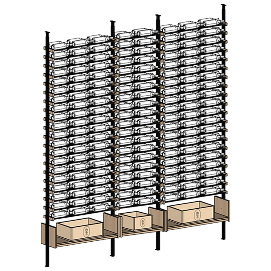 Wine rack with multiple bottles stacked vertically on a white background
