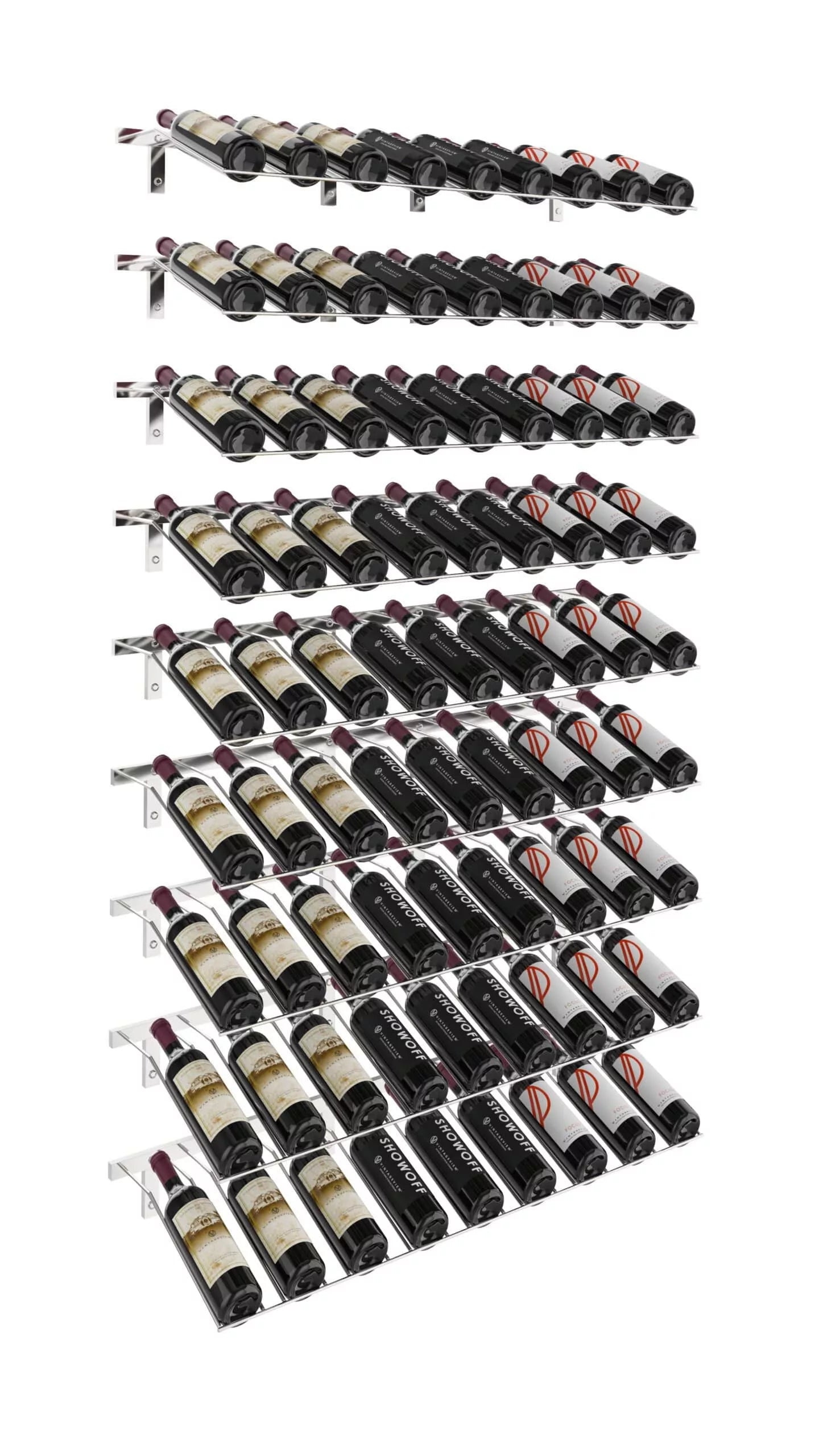 VintageView W Series Waterfall (wall mounted metal wine rack kit) Chrome Luxe 81 Bottles
