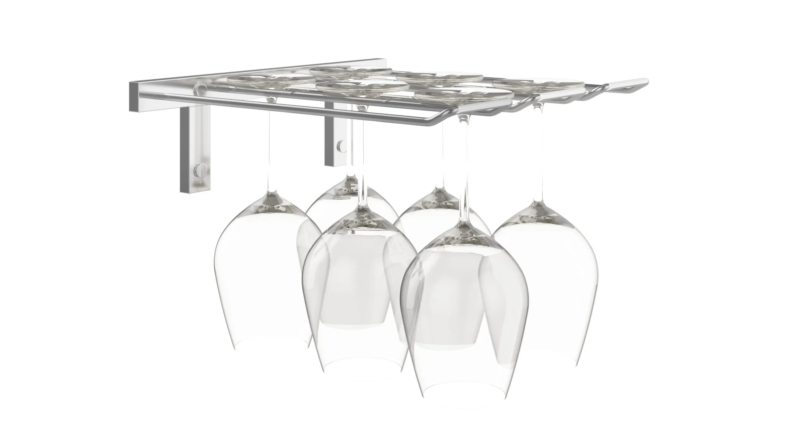 Under-cabinet wine glass holder with five clear wine glasses.