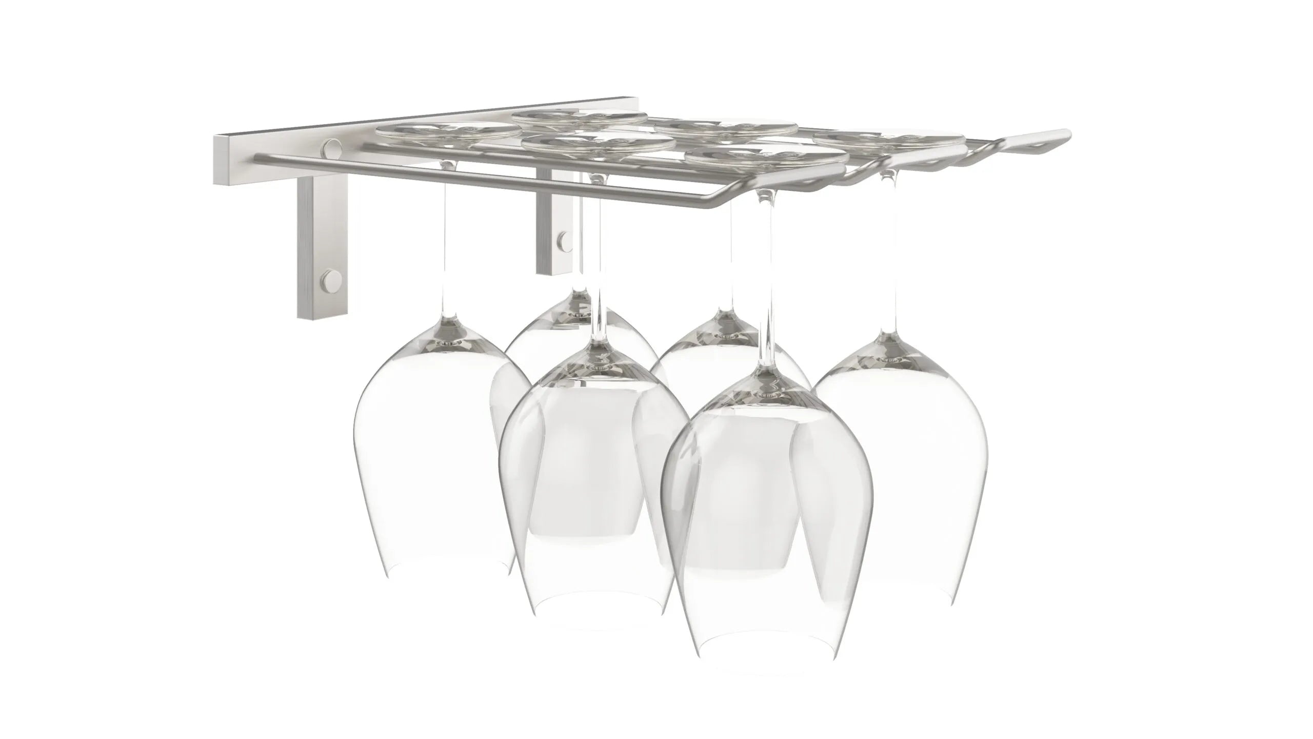 Wall-mounted wine glass rack with hanging clear glasses.