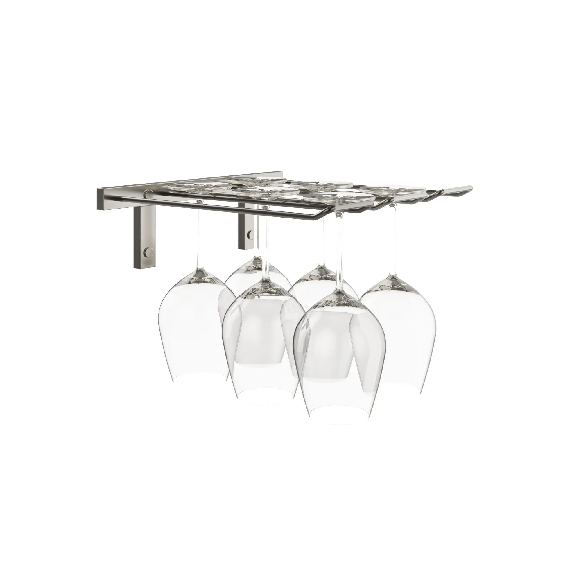 Wall-mounted wine glass holder with hanging glasses.
