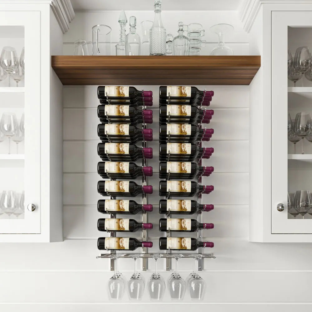 Wine rack with bottles and glasses in a kitchen setting