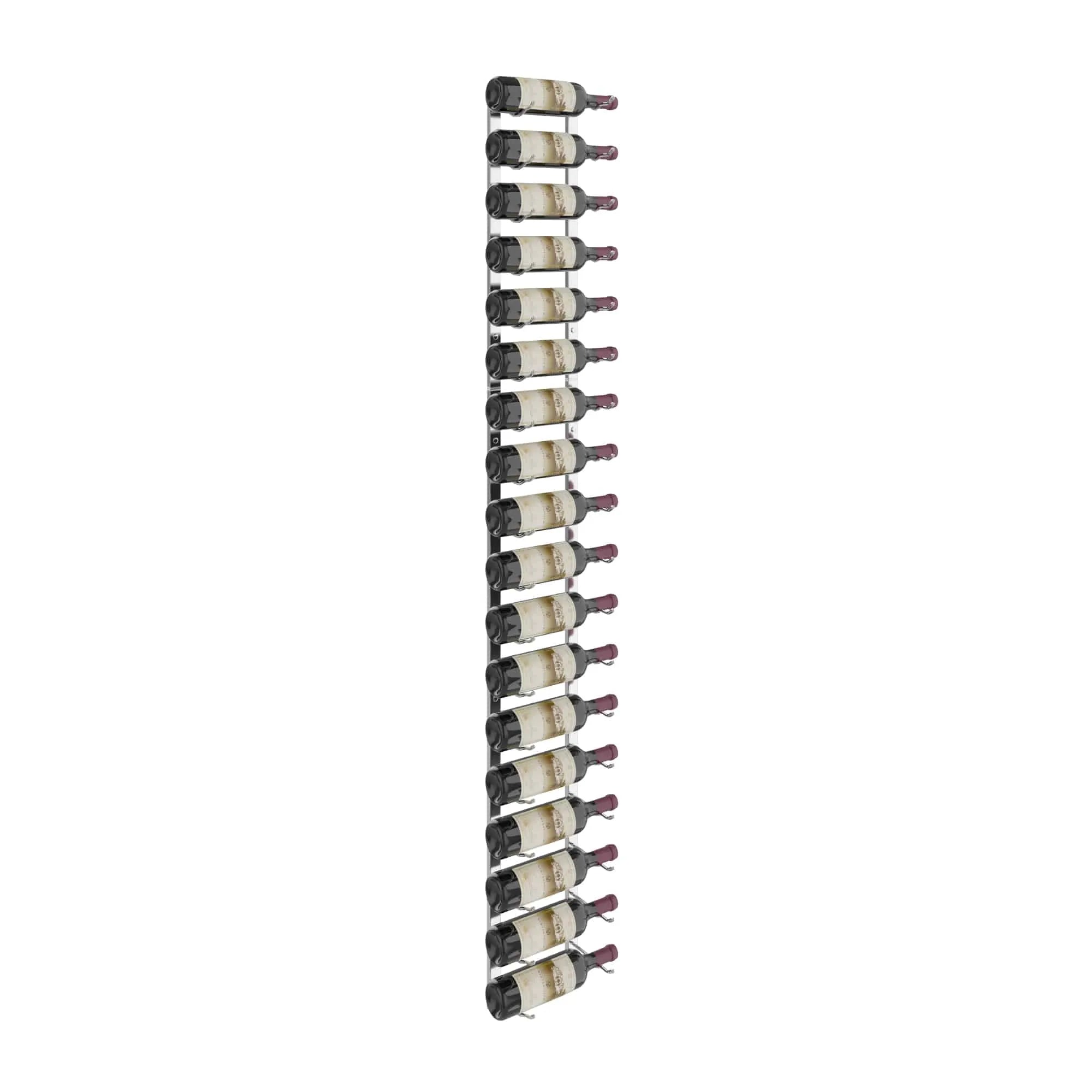 Vertical wine rack holding multiple wine bottles on a white background