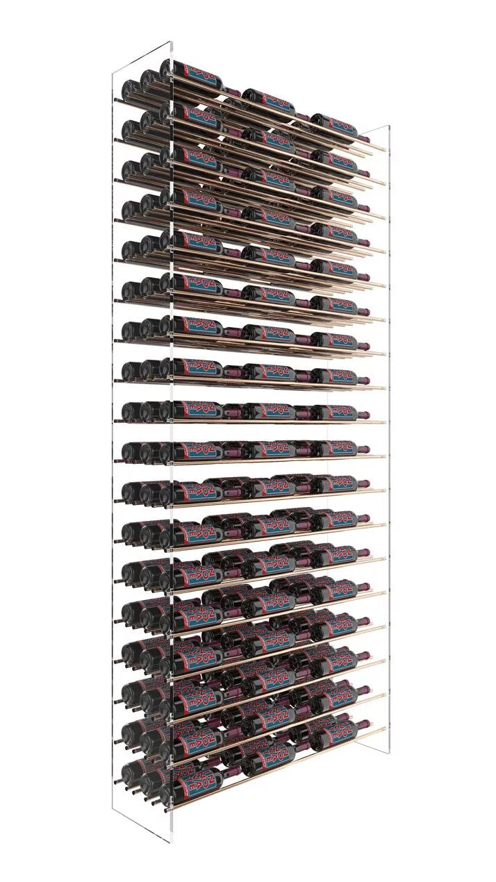 Wine rack with multiple bottles of wine on a white background