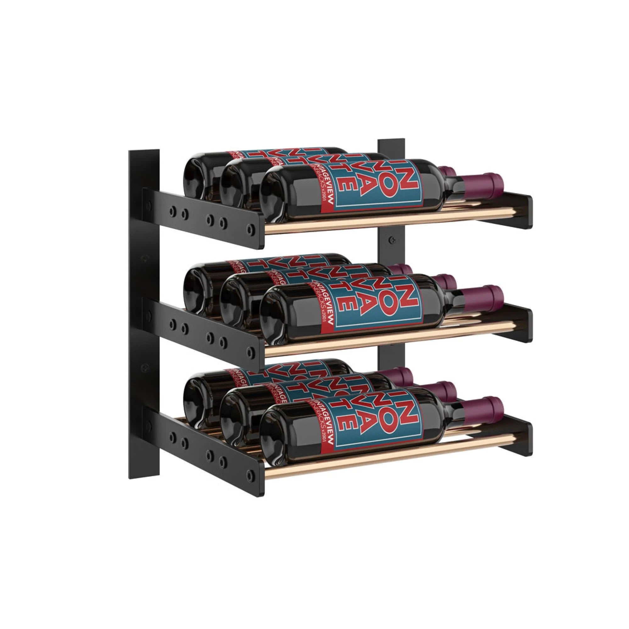 VintageView Evolution Wine Wall 15 1C (wall mounted metal wine rack) Matte Black 9 Bottles Triple