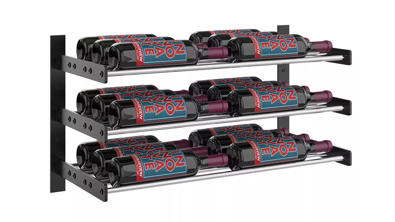 VintageView Evolution Wine Wall 15 2C (wall mounted metal wine rack) Matte Black Chrome 18 Bottles Triple