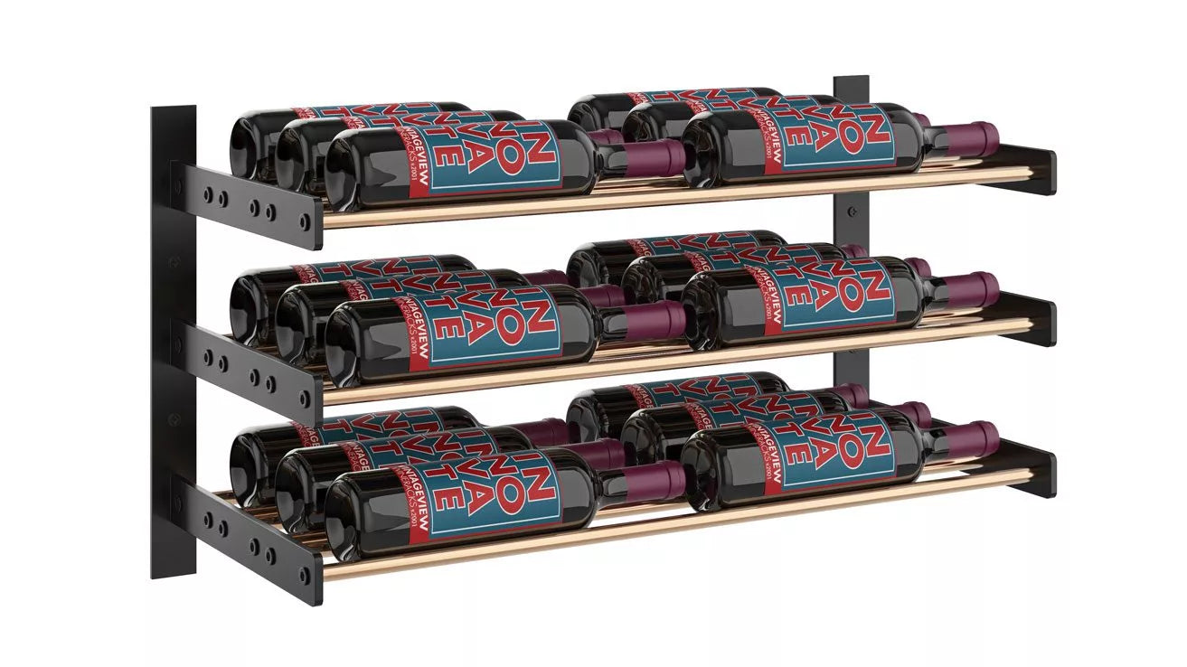 VintageView Evolution Wine Wall 15 2C (wall mounted metal wine rack) Matte Black Golden Bronze 18 Bottles Triple