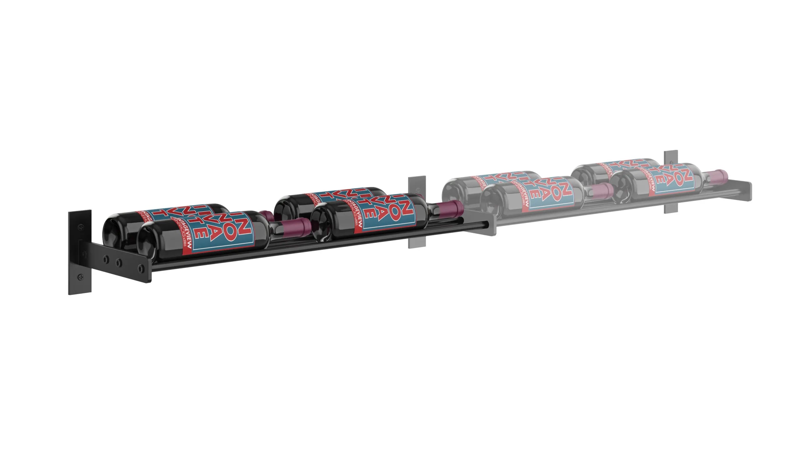 Metallic shelf with red and black labels on a white background