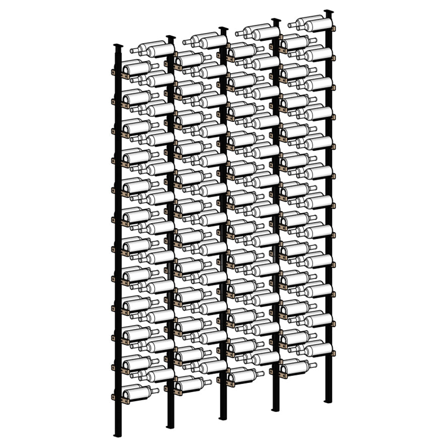 Black metal wine rack holding multiple wine bottles on a white background