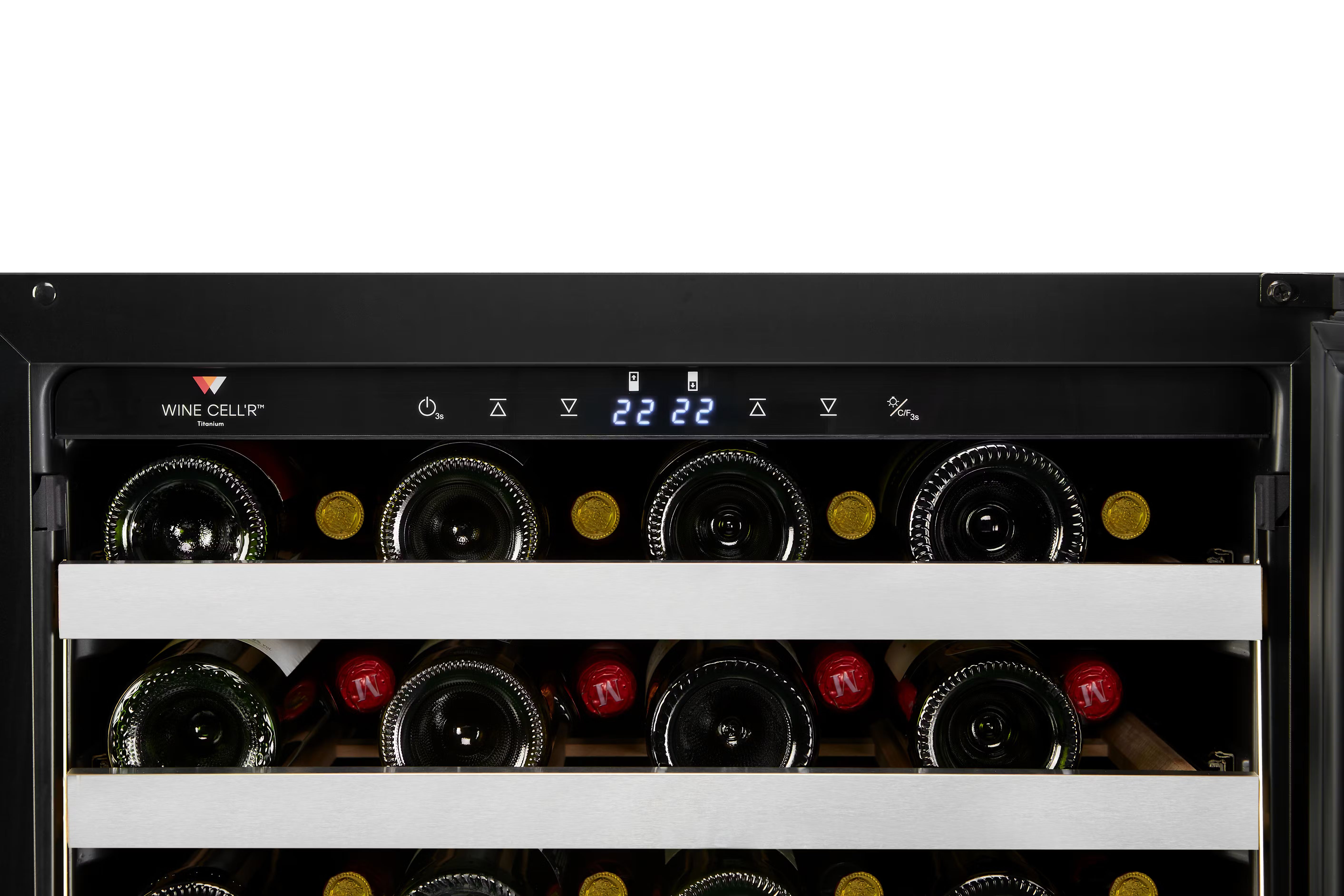 Wine cooler with wine bottles inside on a white background