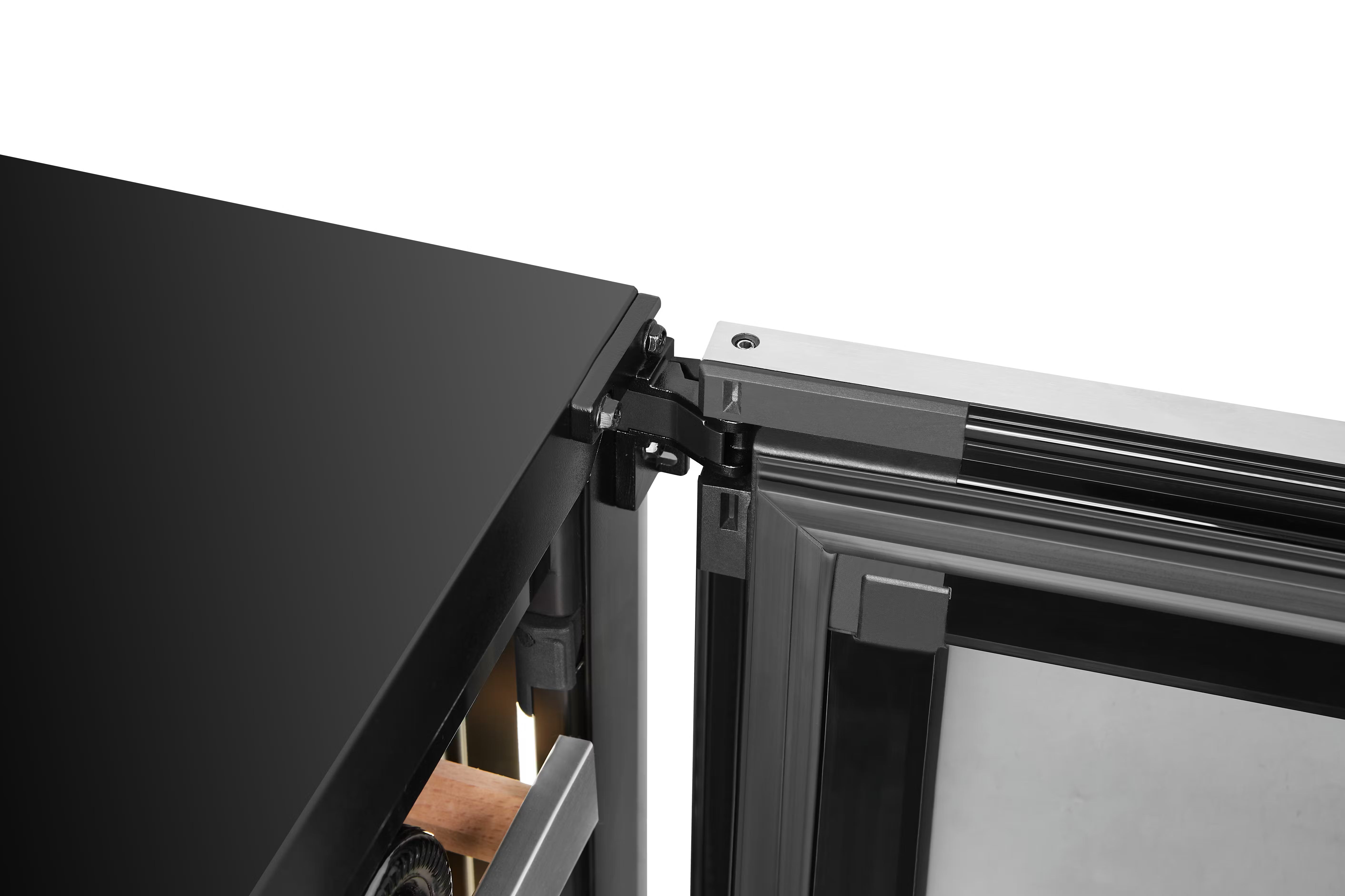 Close-up of a black and silver metal frame with a white background