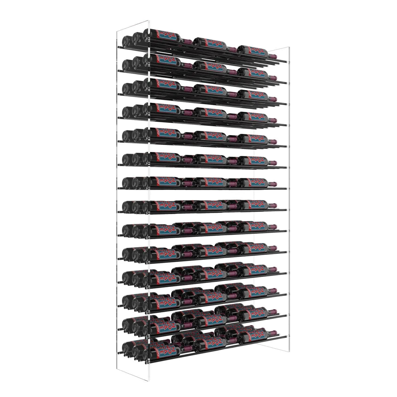 Acrylic display rack with multiple black belts on a white background
