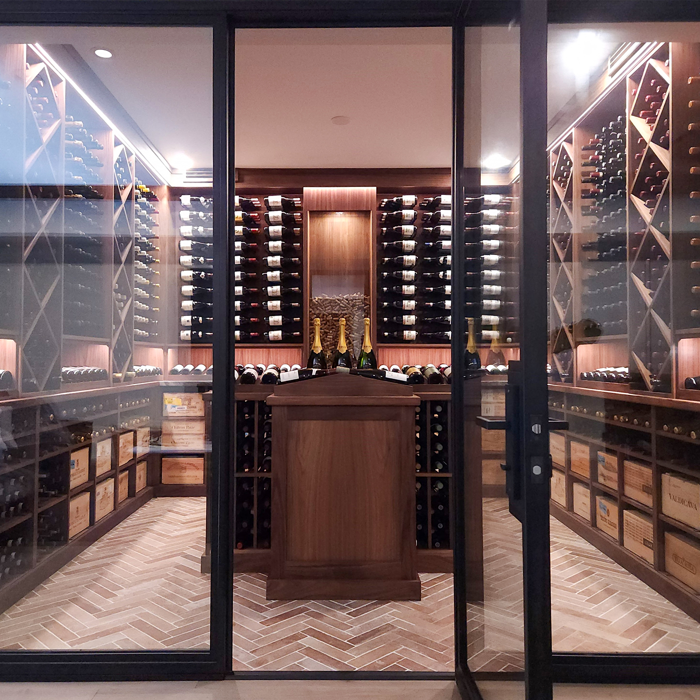 Wine racks with multiple shelves holding wine bottles