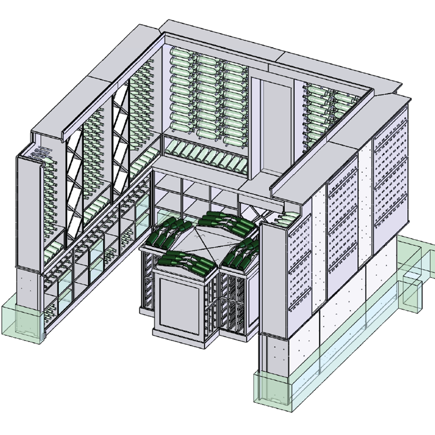 Architectural rendering of a wine cellar, designed for optimal wine storage and aging.