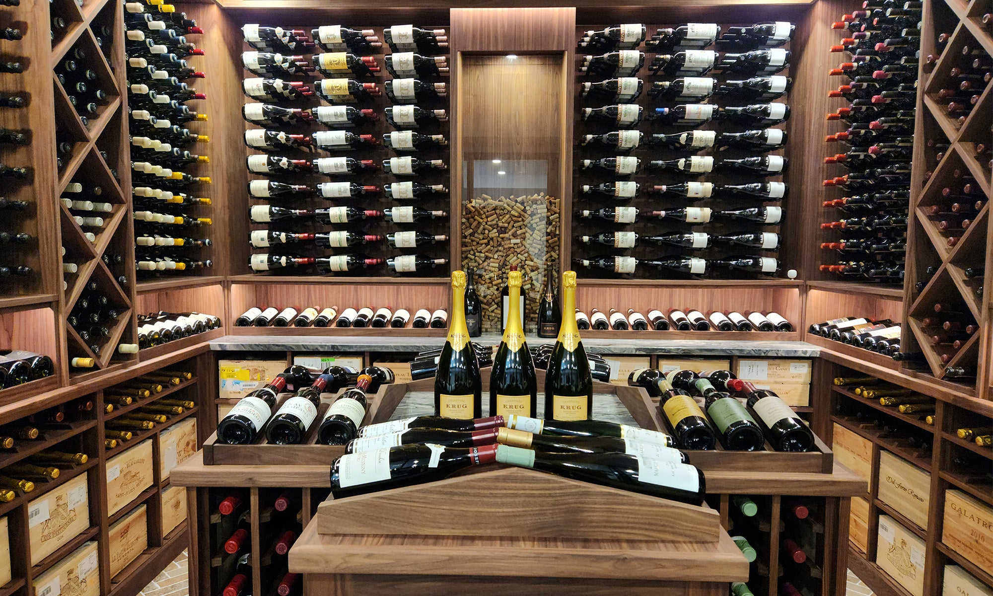 Wooden wine rack with wine bottles and wine stoppers