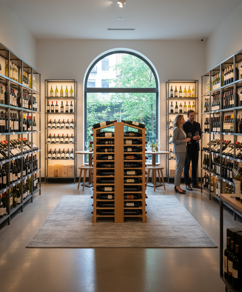 Îlot autonome Retail 10 avec une seule rangée d'exposition - - Casier à vin en bois premium