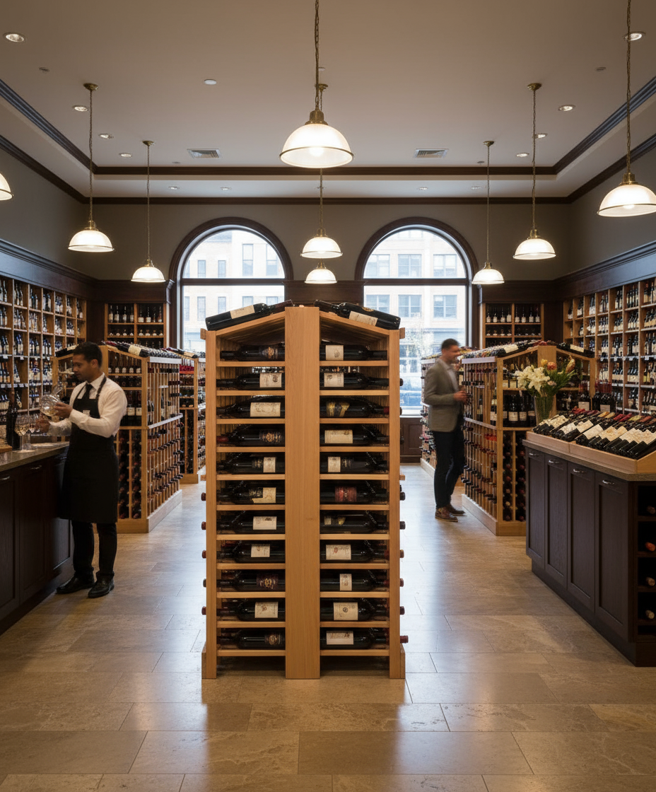 Îlot autonome Retail 10 avec une seule rangée d'exposition - - Casier à vin en bois premium