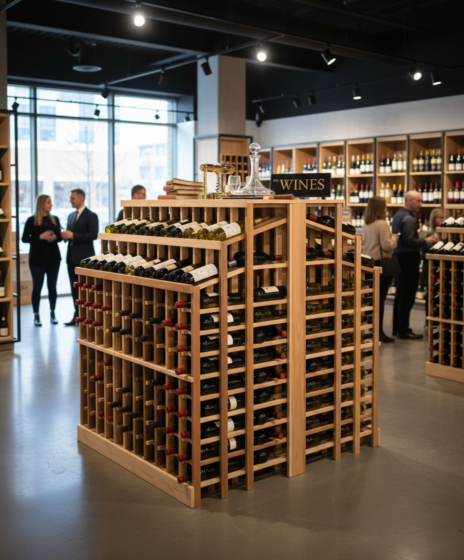 Retail 25 Freestanding Island with 2 Tiers and Counter - Premium Wooden Wine Racks