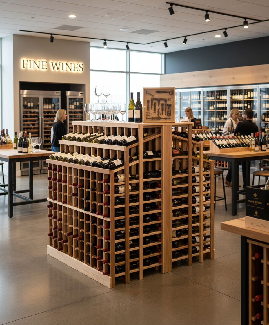 Retail 25 Freestanding Island with 2 Tiers and Counter - Premium Wooden Wine Racks