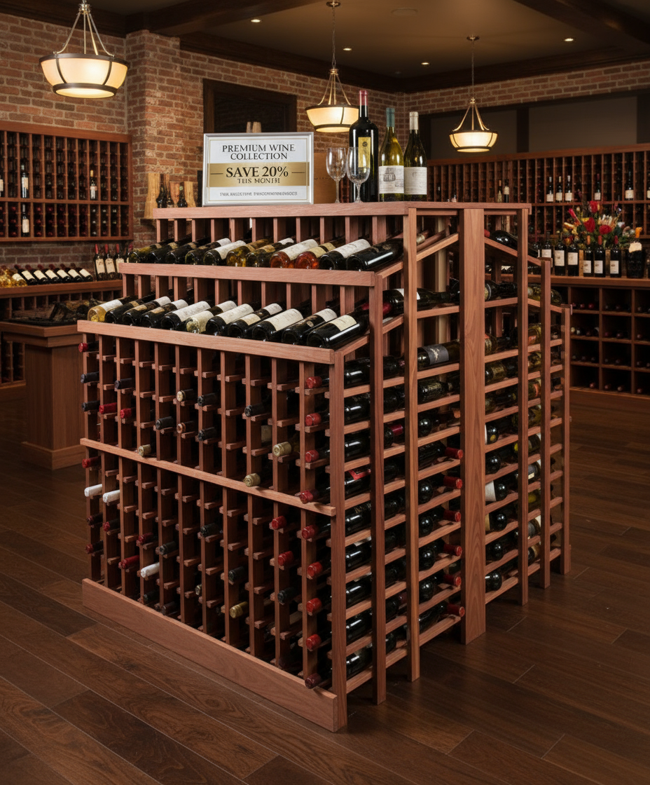 Retail 25 Freestanding Island with 2 Tiers and Counter - Premium Wooden Wine Racks